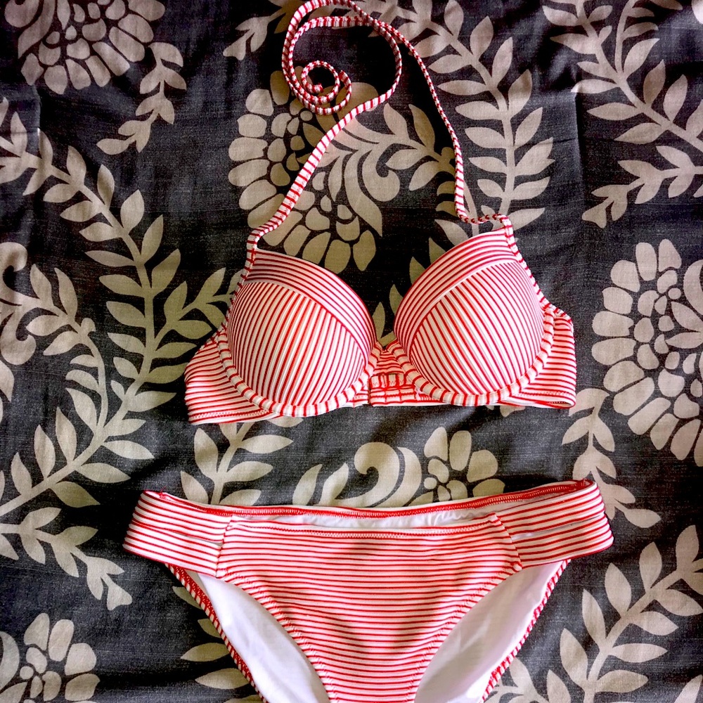 Orange and white stripe bikini, 34B, Medium
